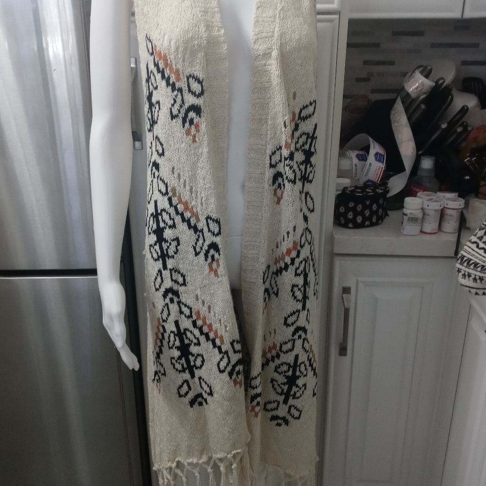 Democracy longline open front southwestern Embroidered Cardigan sweater w fringe - Picture 2 of 9